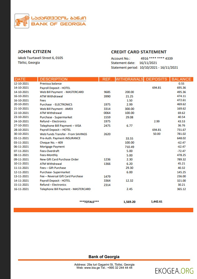 Déclaration de la Géorgie Bank of Georgia